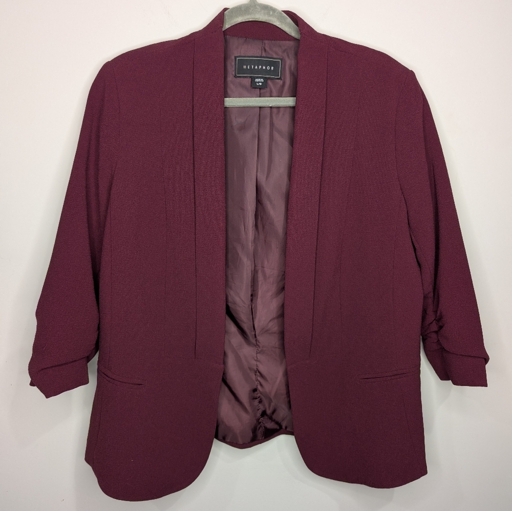 Metaphor Burgundy Open Front Blazer Jacket Women’s Large L Ruched Sleeve